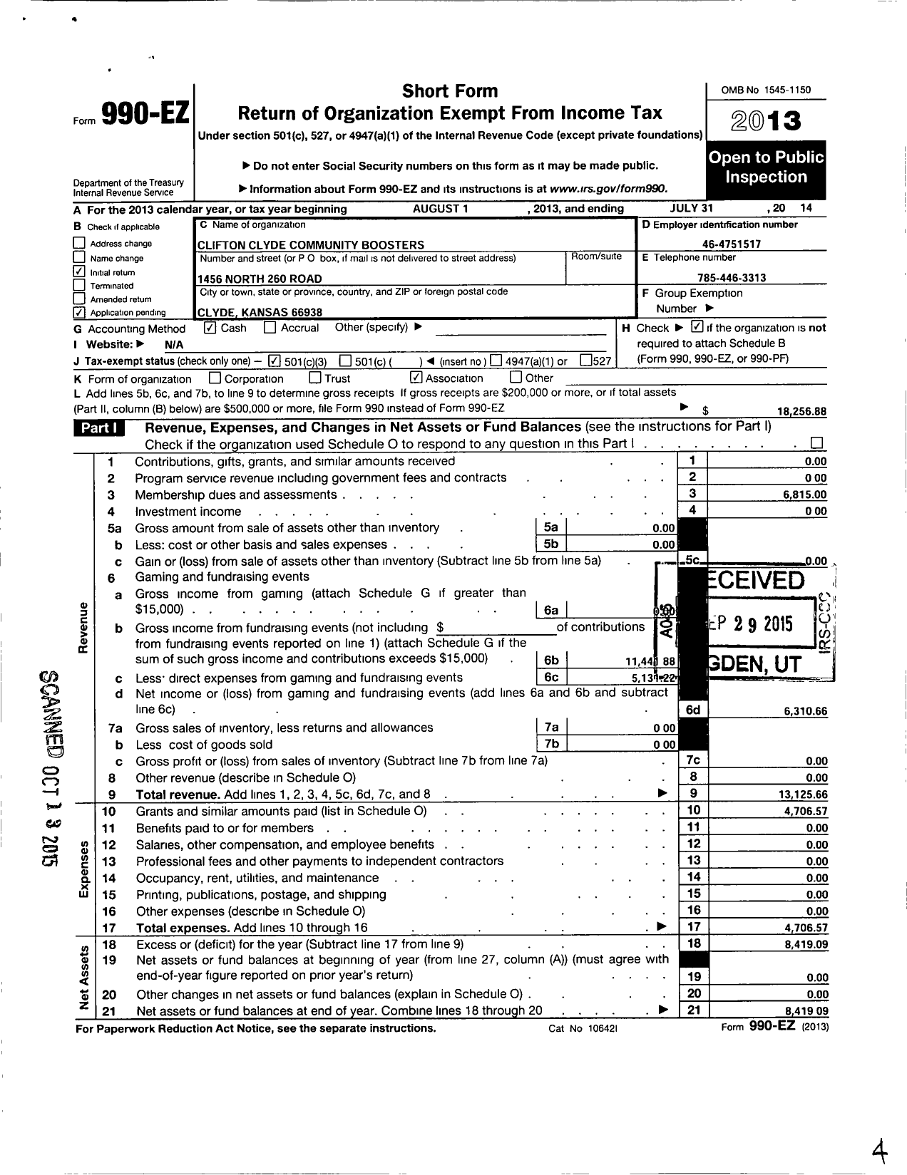 Image of first page of 2013 Form 990EZ for Clifton Clyde Community Boosters