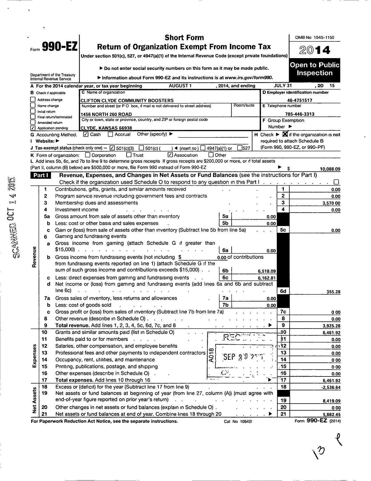 Image of first page of 2014 Form 990EZ for Clifton Clyde Community Boosters