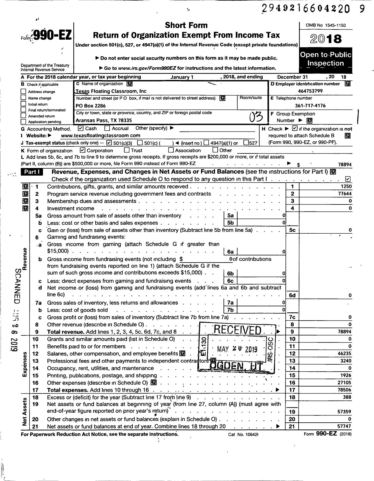 Image of first page of 2018 Form 990EZ for Texas Floating Classroom