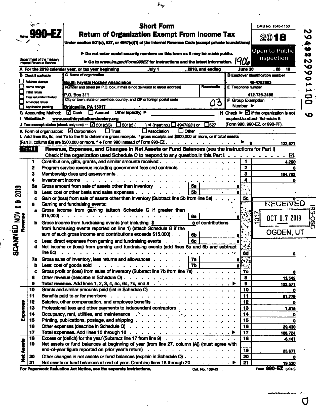 Image of first page of 2018 Form 990EZ for South Fayette Hockey Association