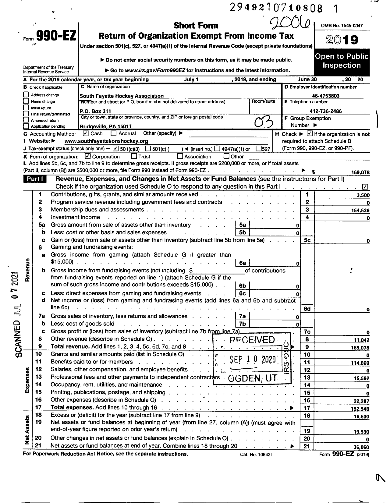 Image of first page of 2019 Form 990EZ for South Fayette Hockey Association