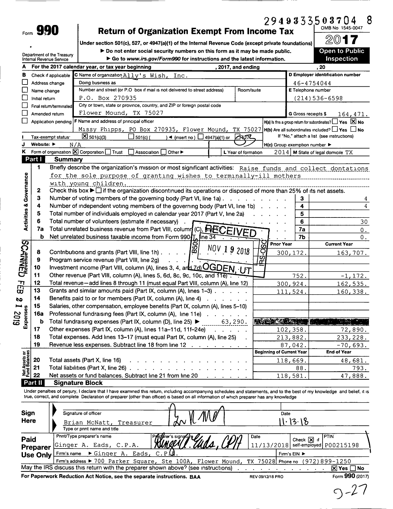 Image of first page of 2017 Form 990 for Allys S Wish