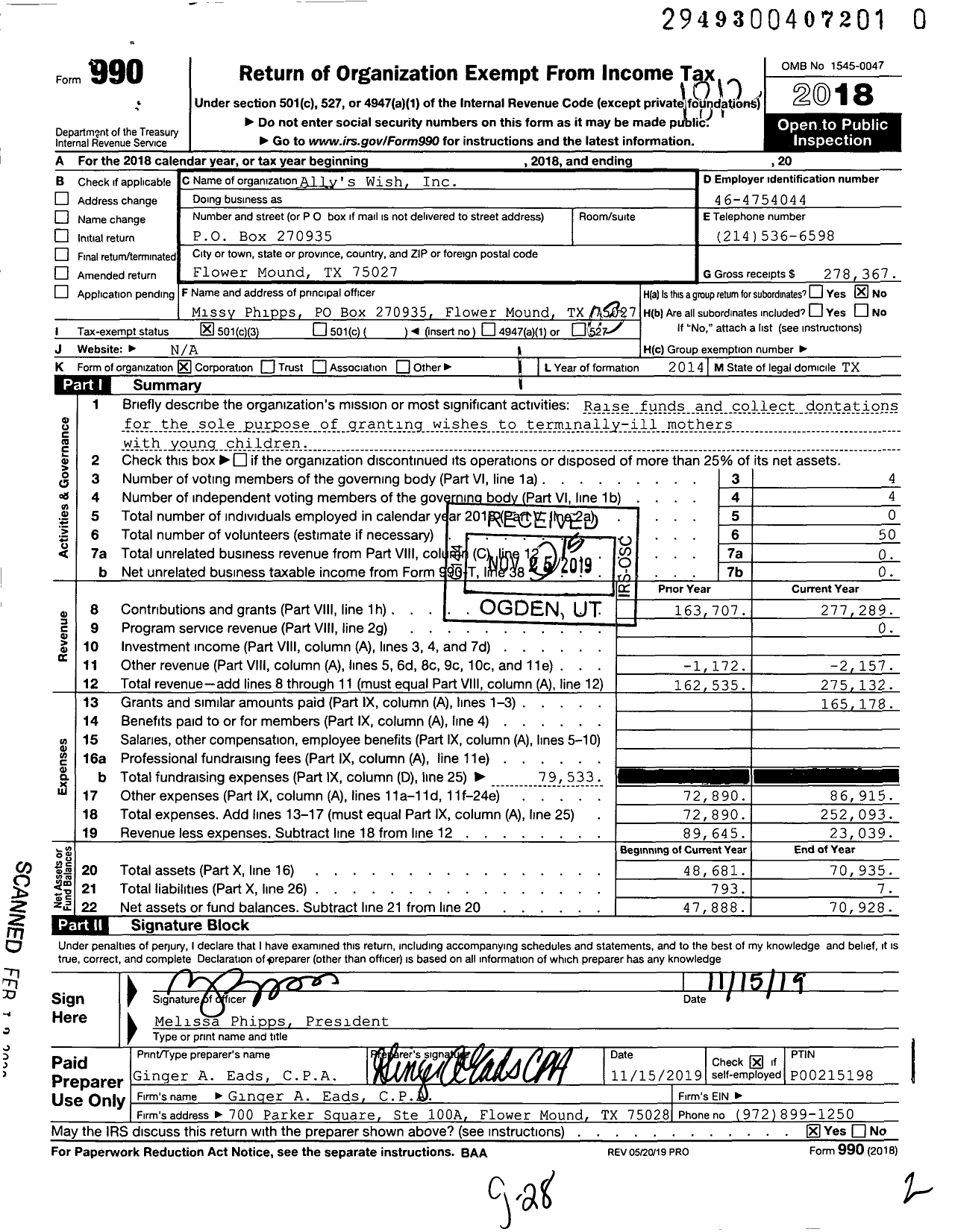 Image of first page of 2018 Form 990 for Allys S Wish