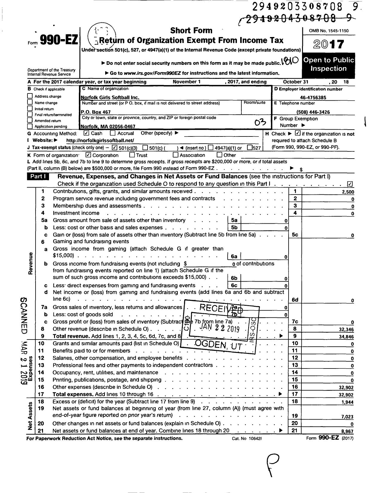 Image of first page of 2017 Form 990EZ for Norfolk Girls Softball