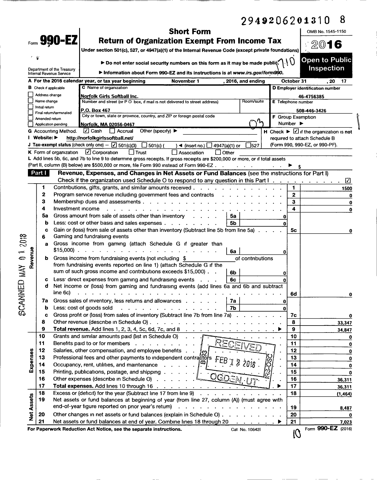 Image of first page of 2016 Form 990EZ for Norfolk Girls Softball