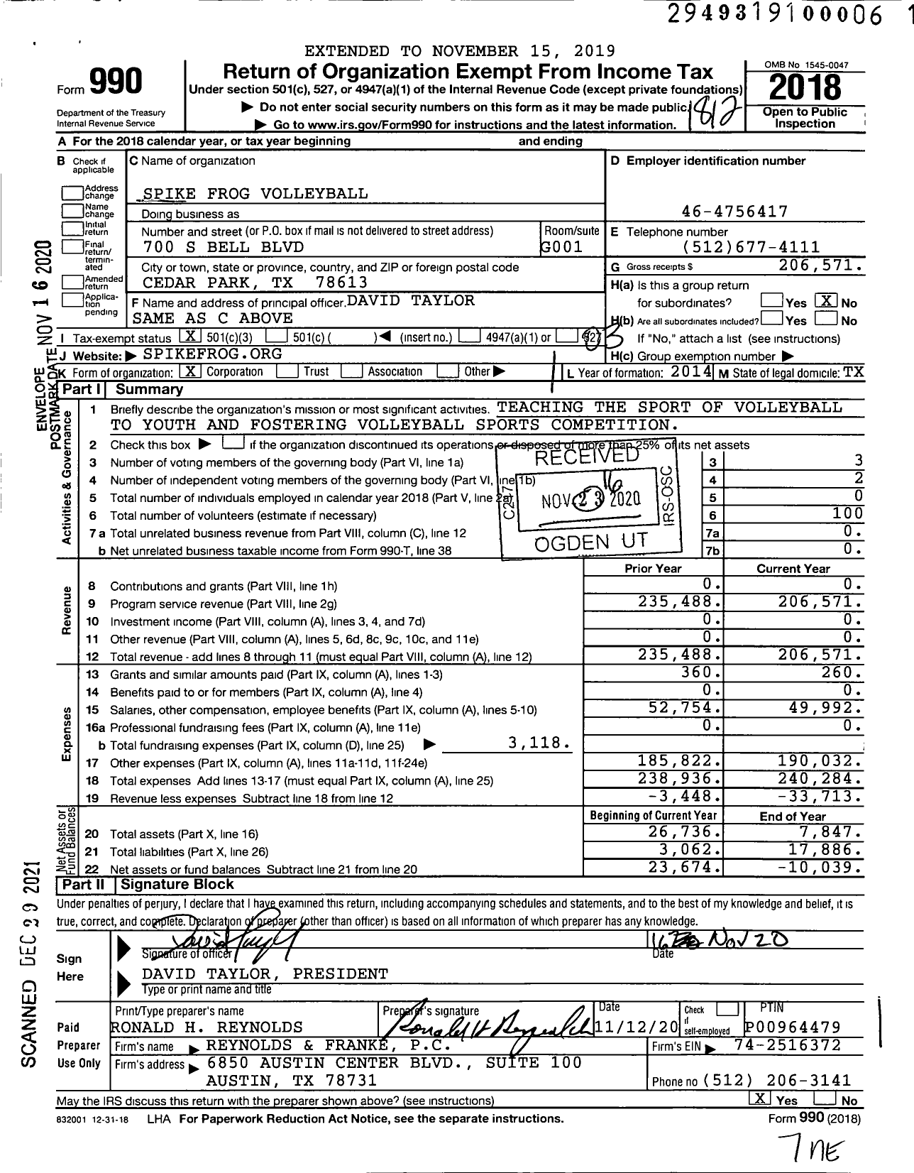 Image of first page of 2018 Form 990 for Spike Frog Volleyball