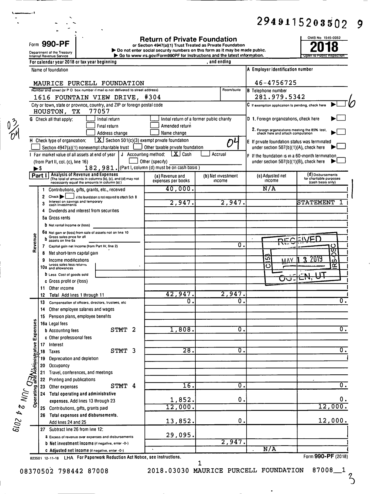 Image of first page of 2018 Form 990PF for Maurice Purcell Foundation