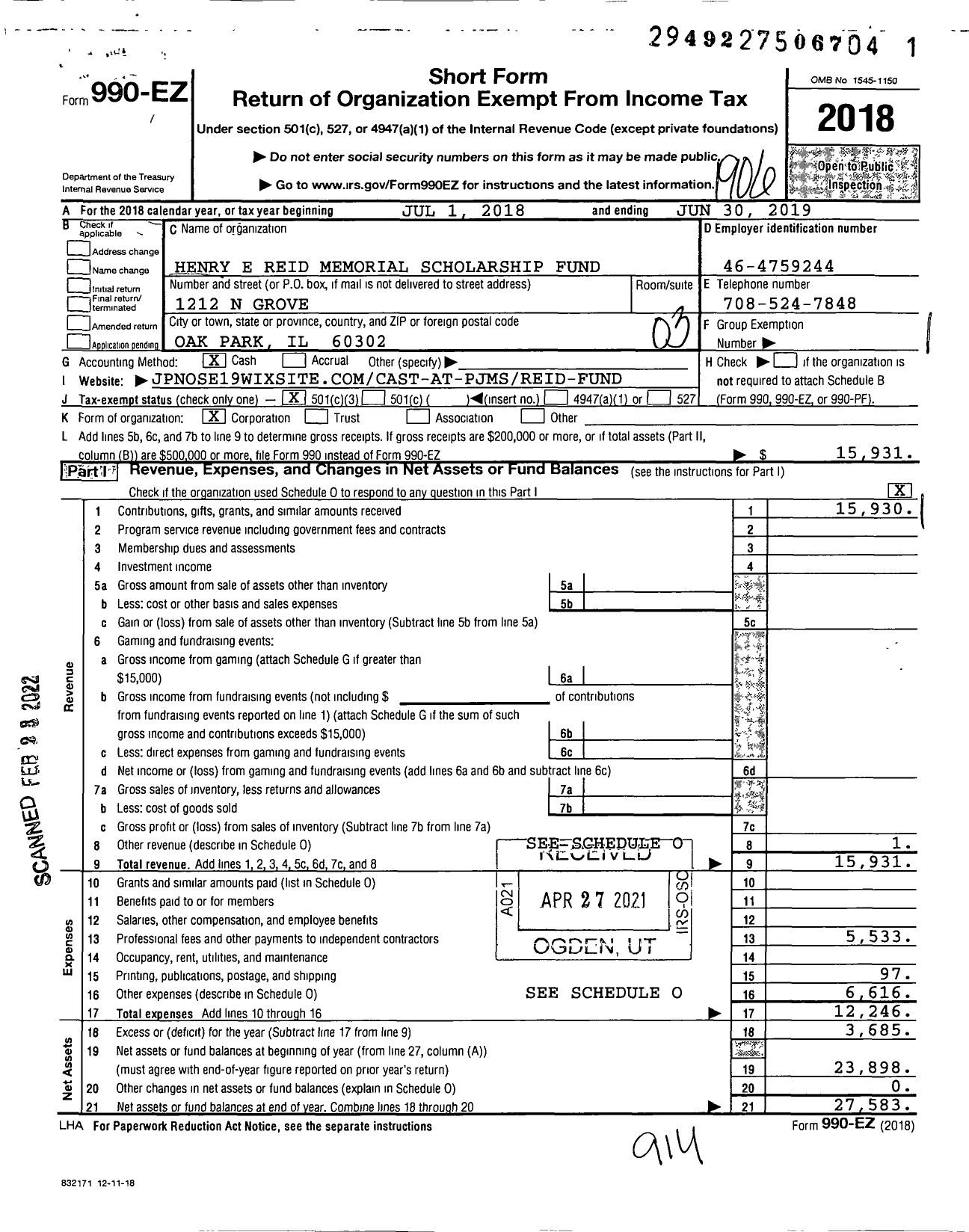 Image of first page of 2018 Form 990EZ for Henry E Reid Memorial Scholarship Fund