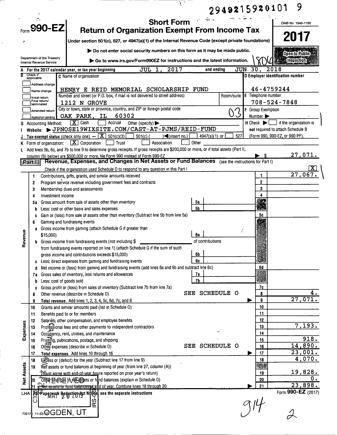 Image of first page of 2017 Form 990EZ for Henry E Reid Memorial Scholarship Fund