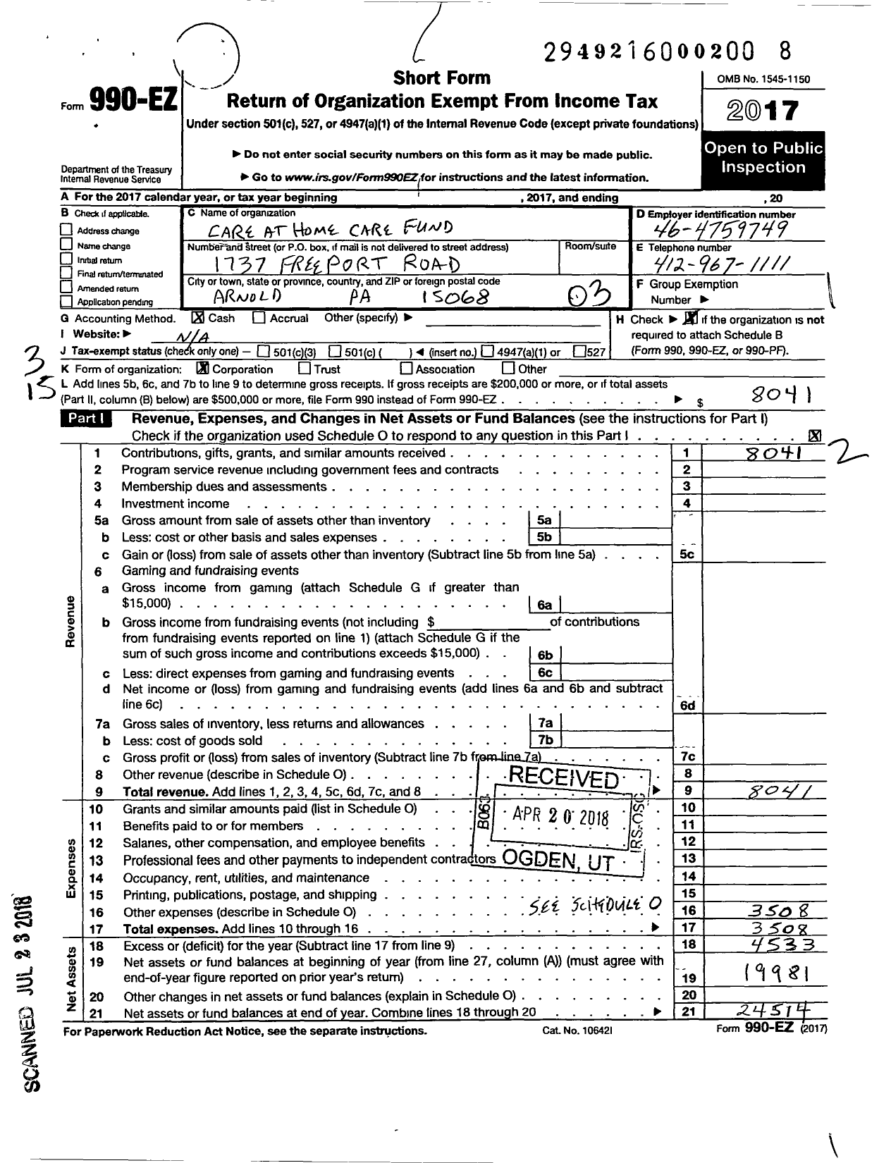 Image of first page of 2017 Form 990EZ for Care at Home Care Fund