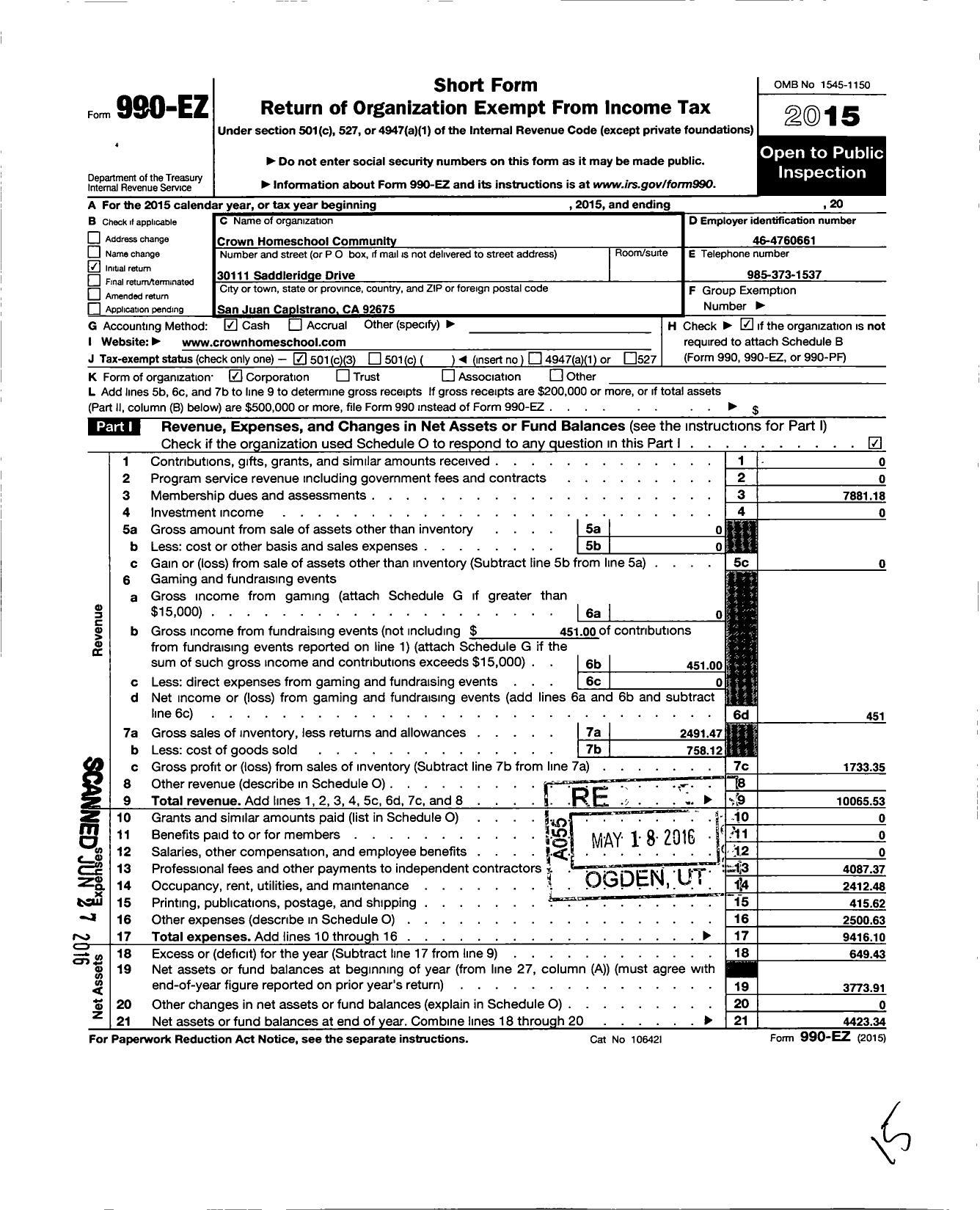 Image of first page of 2015 Form 990EZ for Crown Homeschool Community