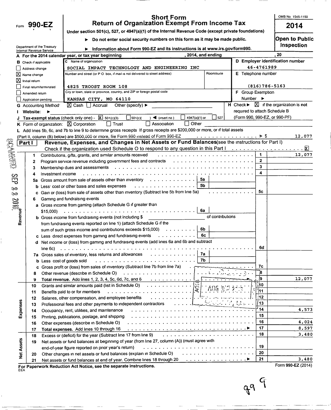 Image of first page of 2014 Form 990EZ for Social Impact Technology and Engineering