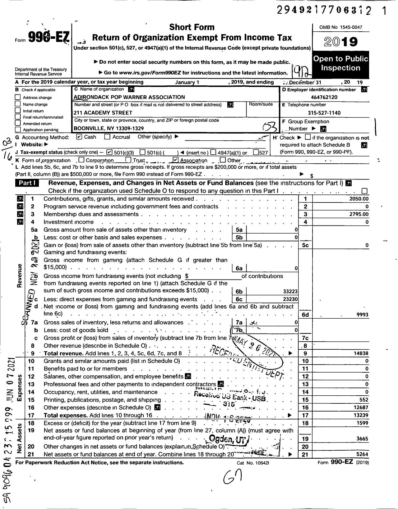 Image of first page of 2019 Form 990EZ for Adirondack Pop Warner Association