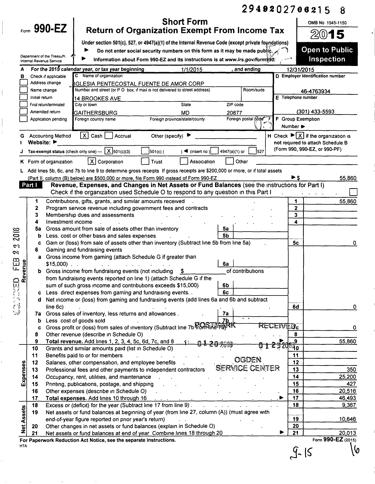 Image of first page of 2015 Form 990EZ for Iglesia Pentecostal Fuente de Amor Corporation