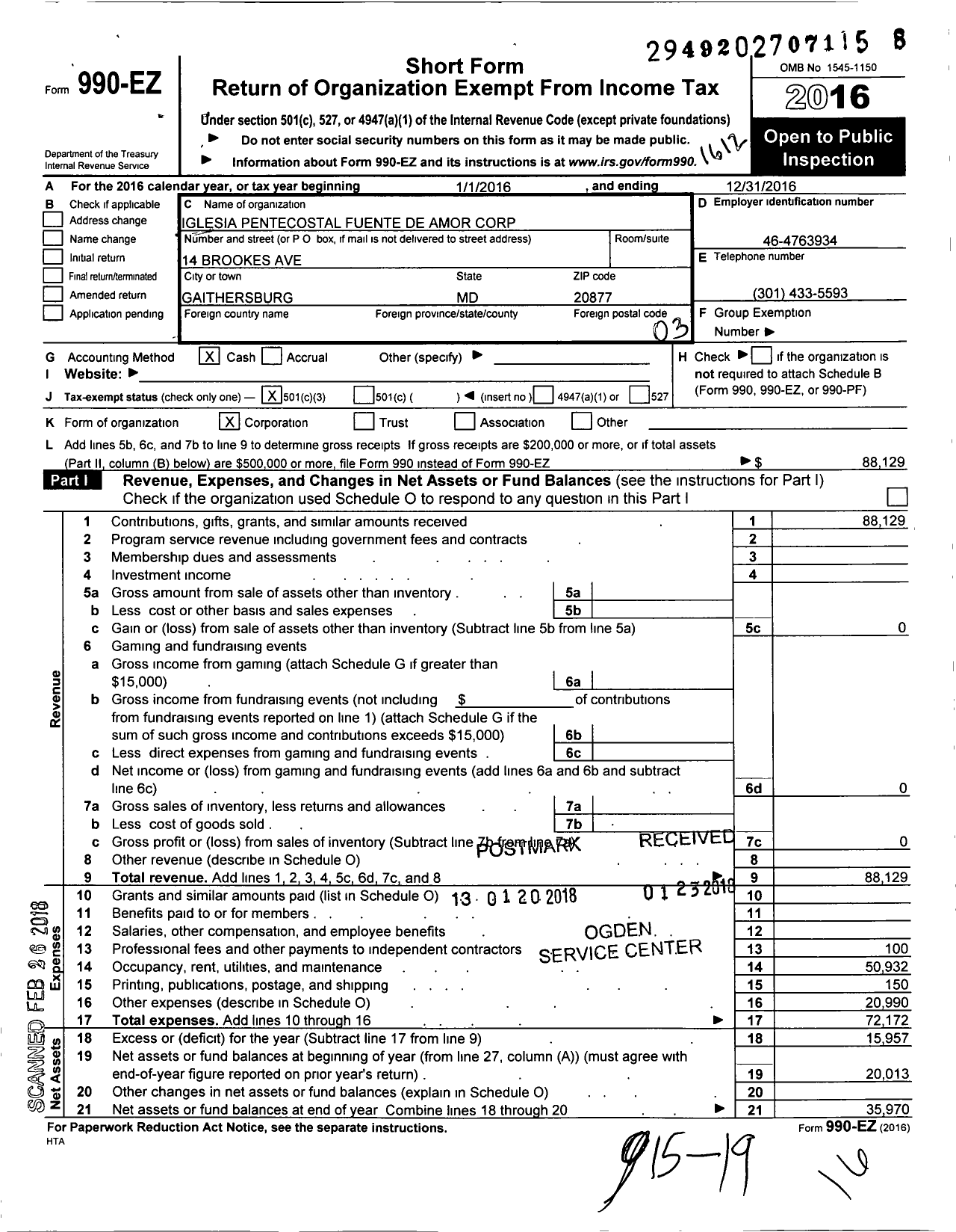 Image of first page of 2016 Form 990EZ for Iglesia Pentecostal Fuente de Amor Corporation