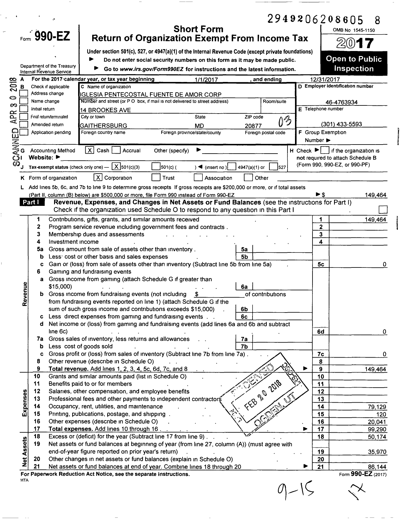 Image of first page of 2017 Form 990EZ for Iglesia Pentecostal Fuente de Amor Corporation