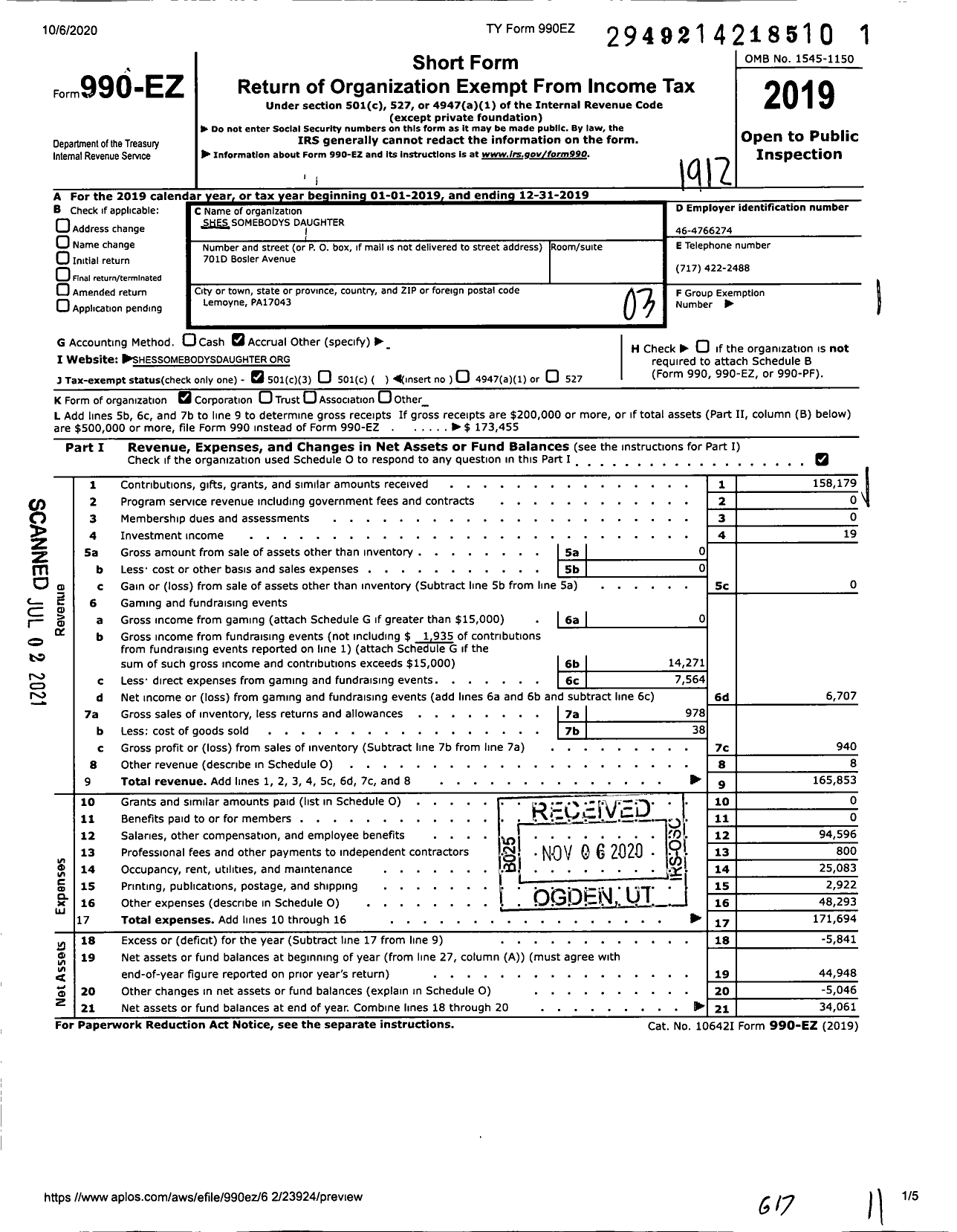 Image of first page of 2019 Form 990EZ for She's Somebody's Daughter