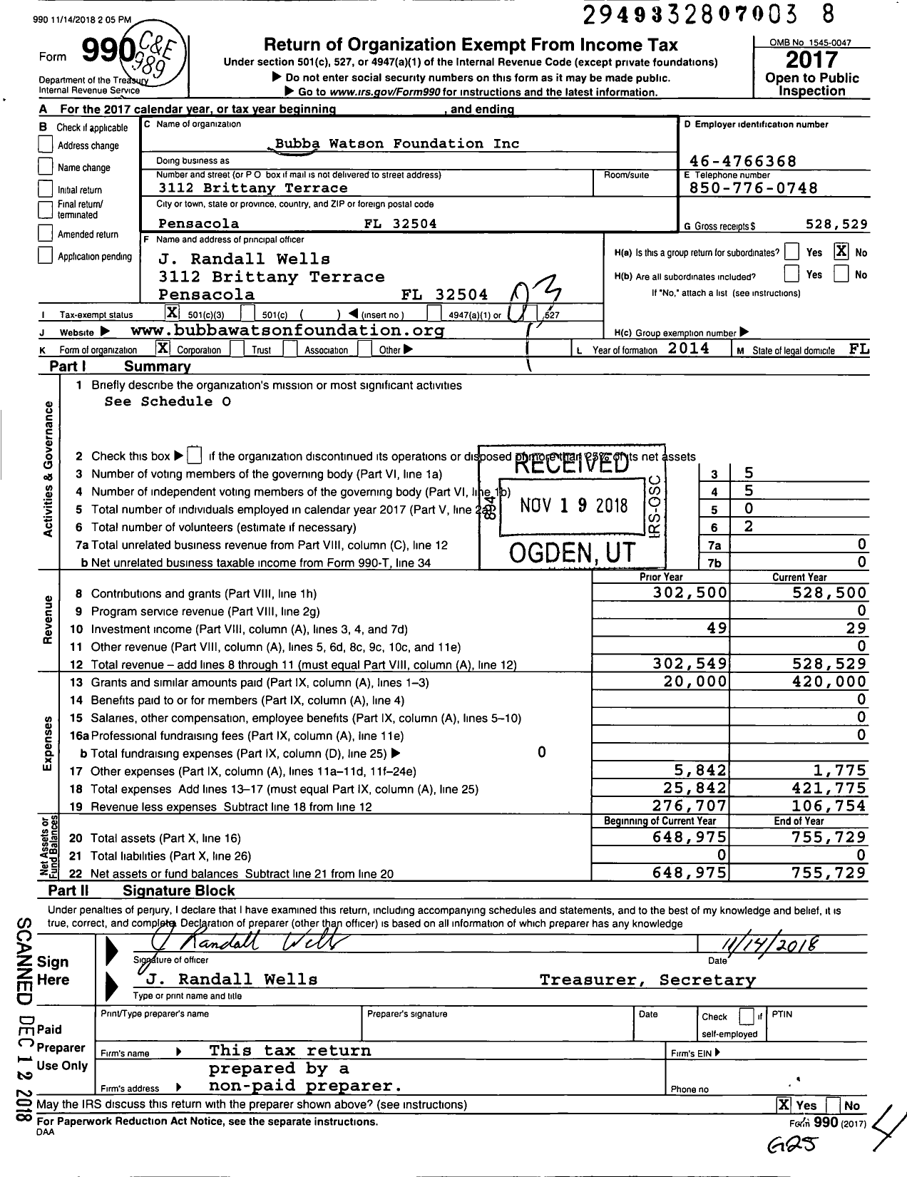 Image of first page of 2017 Form 990 for Bubba Watson Foundation