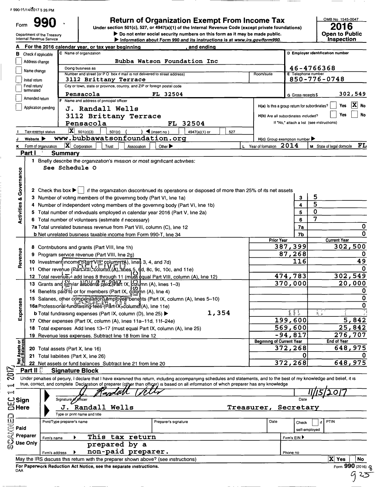 Image of first page of 2016 Form 990 for Bubba Watson Foundation