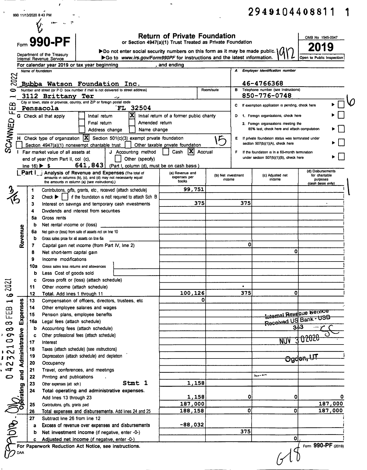 Image of first page of 2019 Form 990PF for Bubba Watson Foundation