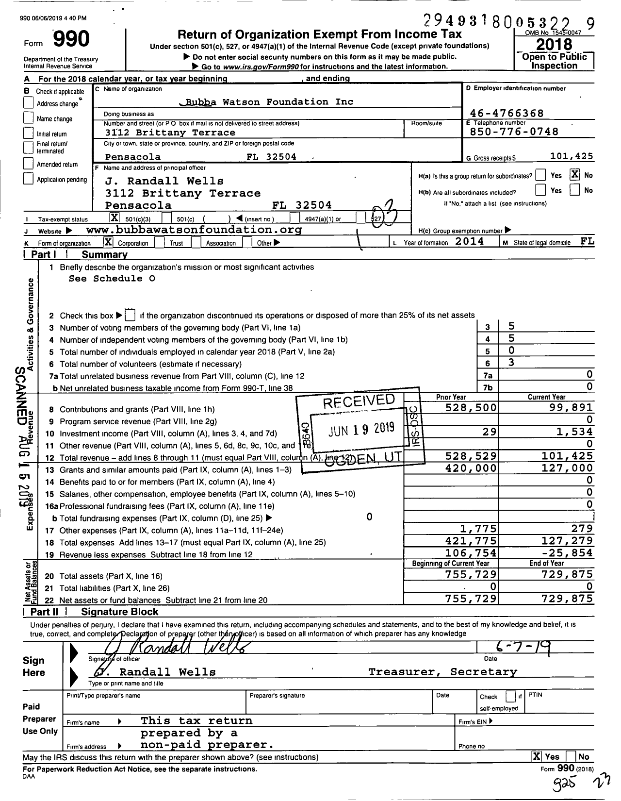 Image of first page of 2018 Form 990 for Bubba Watson Foundation