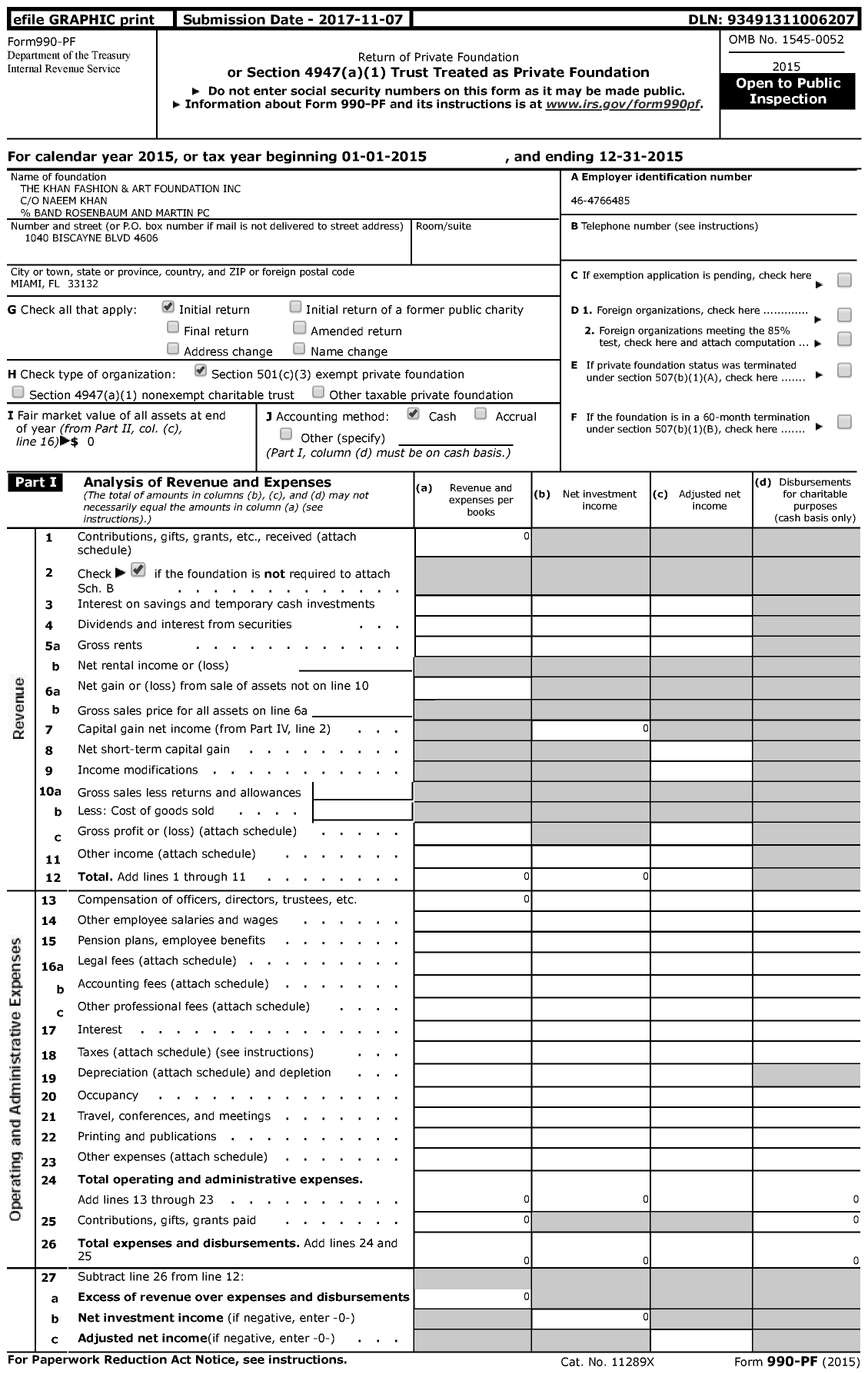 Image of first page of 2015 Form 990PF for The Khan Fashion and Art Foundation