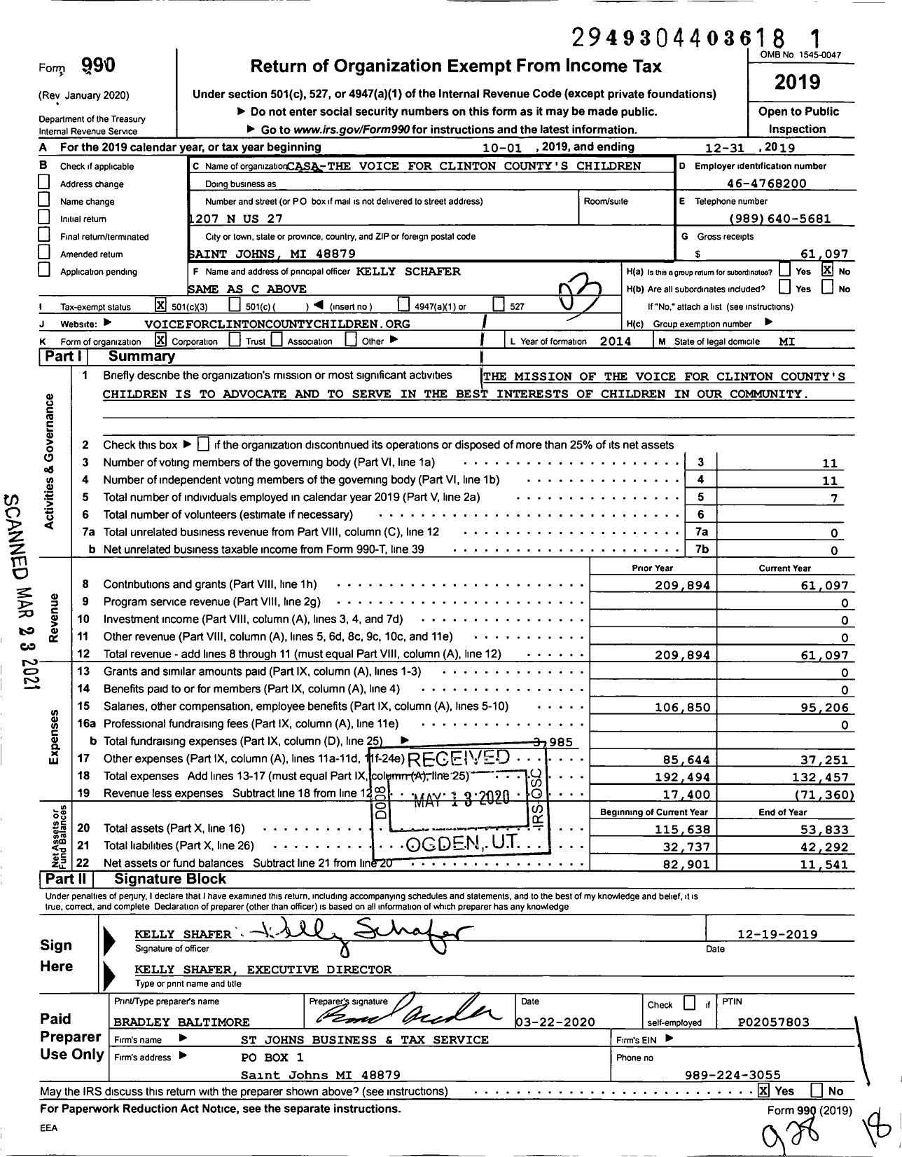 Image of first page of 2019 Form 990 for The Voice for Clinton Countys