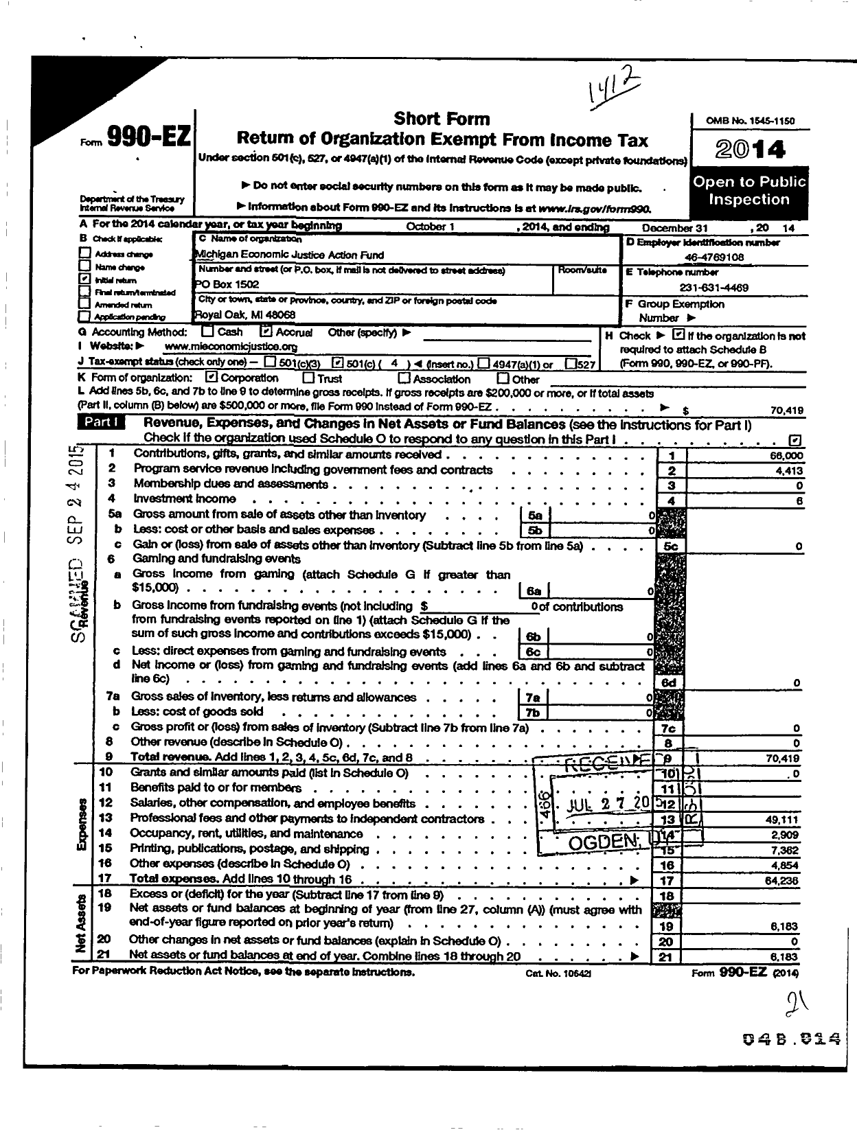 Image of first page of 2014 Form 990EO for Michigan Economic Justice Action Fund