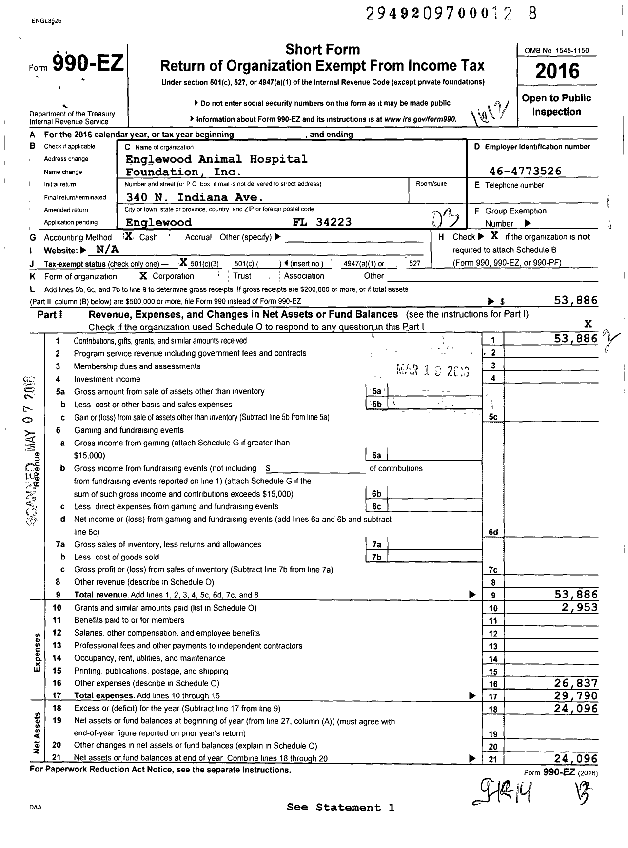 Image of first page of 2016 Form 990EZ for Englewood Animal Hospital Foundation