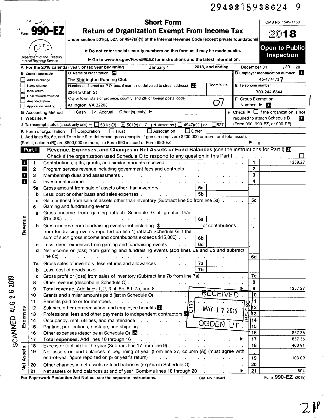 Image of first page of 2018 Form 990EO for Shirlington Running Club