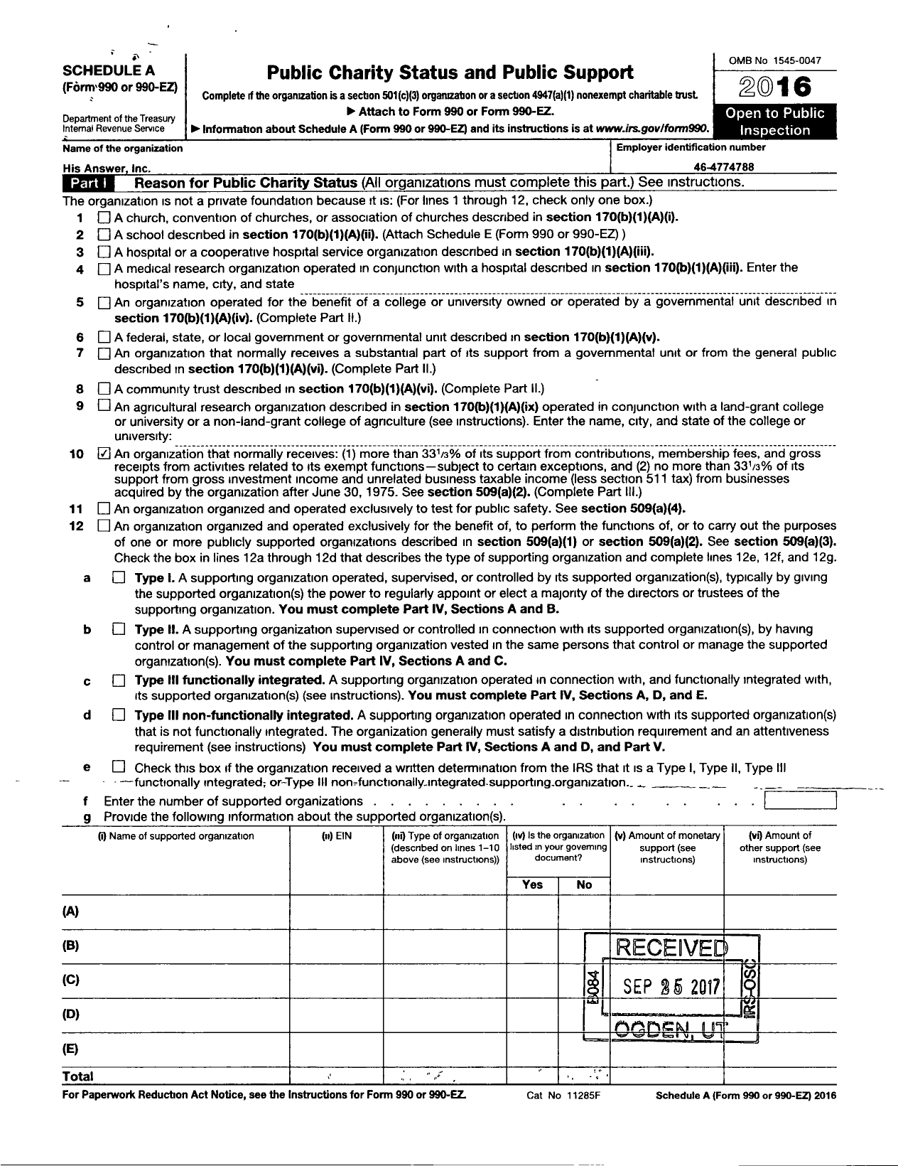 Image of first page of 2016 Form 990ER for His Answer