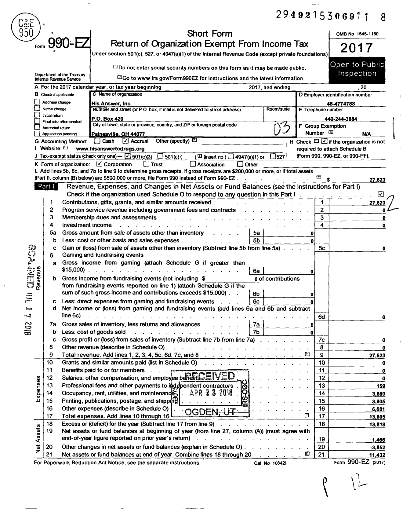 Image of first page of 2017 Form 990EZ for His Answer