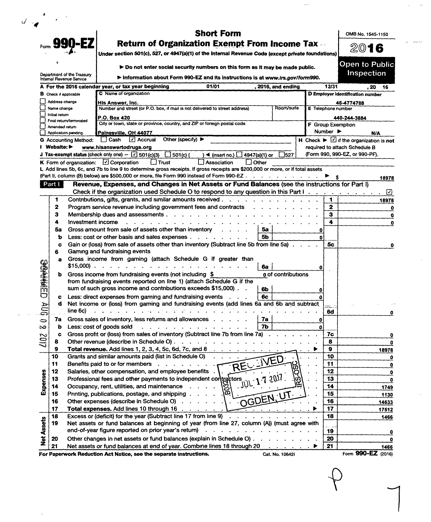 Image of first page of 2016 Form 990EZ for His Answer