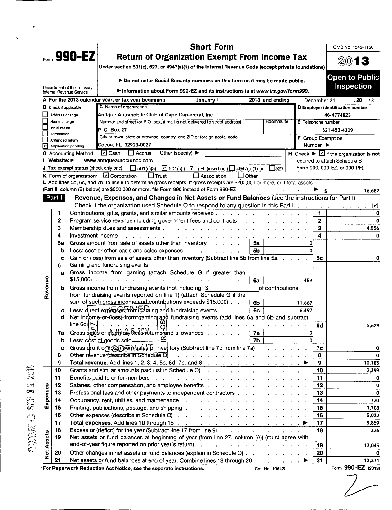 Image of first page of 2013 Form 990EO for Anitque Automobile Club of Cape Canaveral