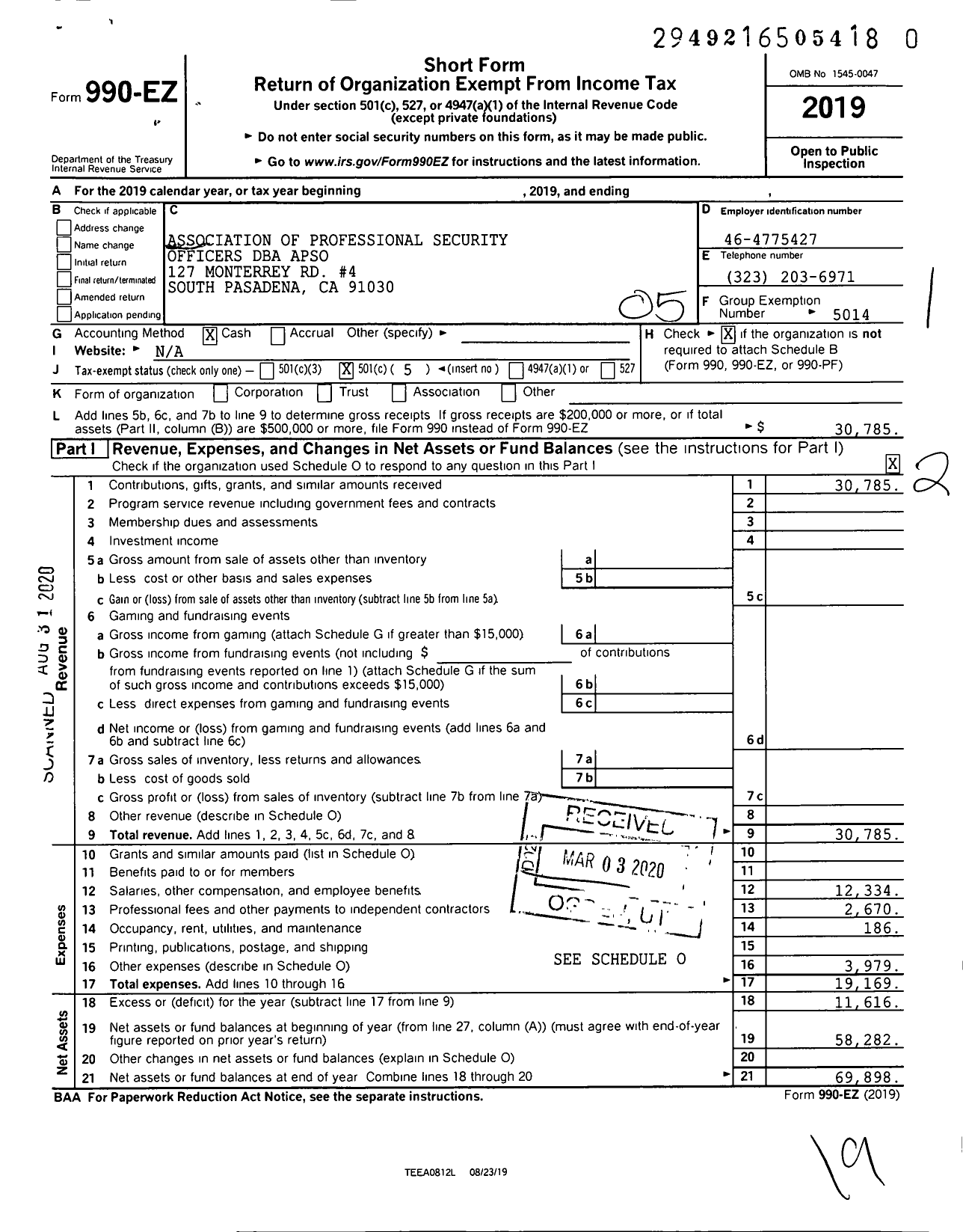 Image of first page of 2019 Form 990EO for Association of Professional Security Officers (APSO)