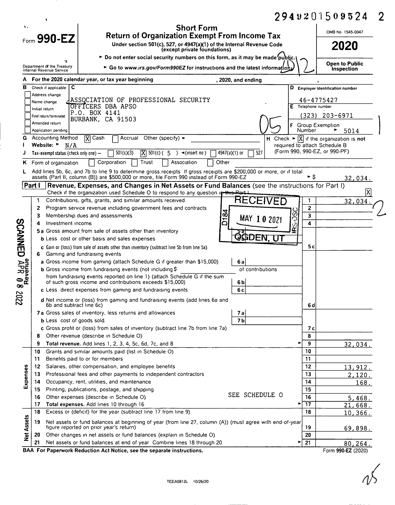 Image of first page of 2020 Form 990EO for Association of Professional Security Officers (APSO)