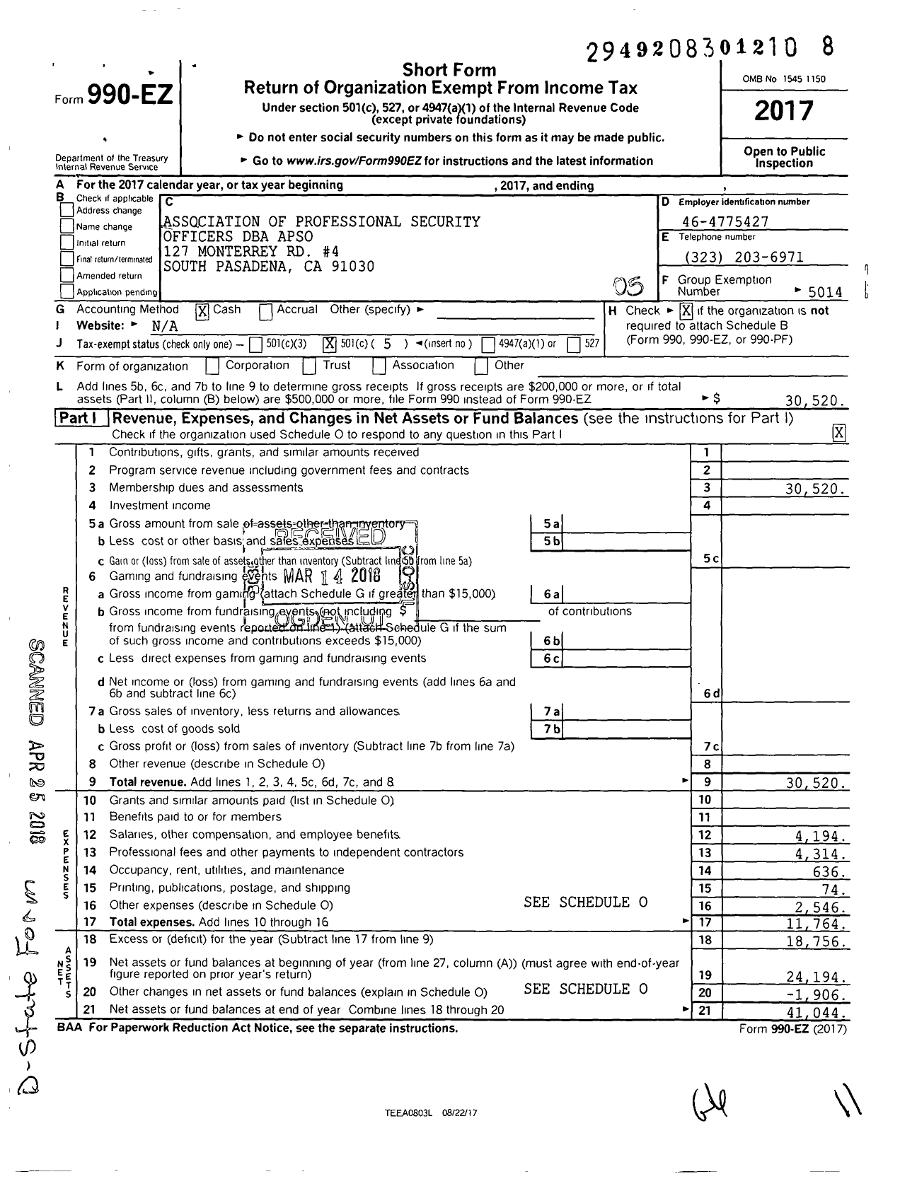 Image of first page of 2017 Form 990EO for Association of Professional Security Officers (APSO)