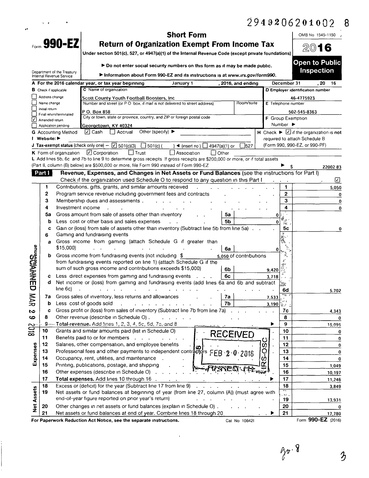 Image of first page of 2016 Form 990EZ for Scott County Youth Football Boosters