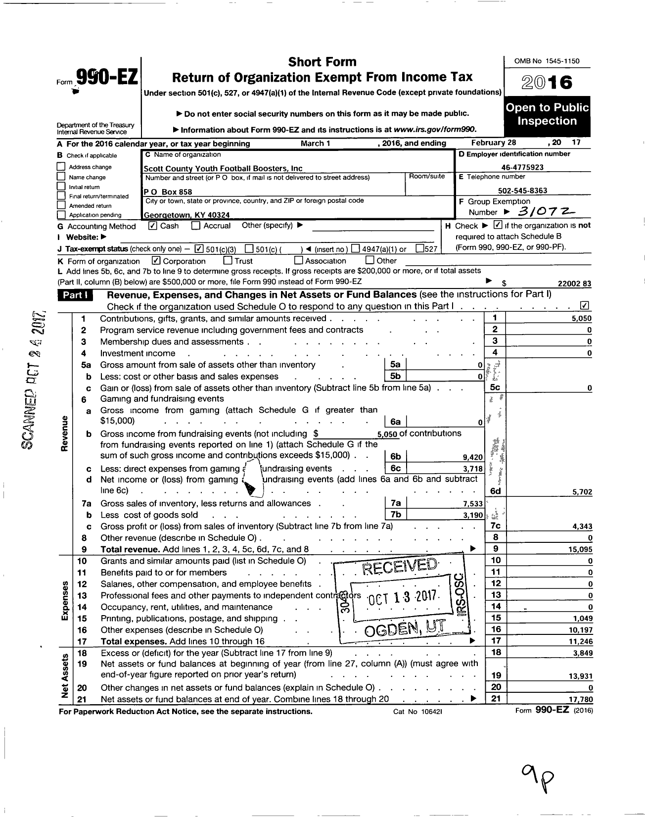 Image of first page of 2016 Form 990EZ for Scott County Youth Football Boosters