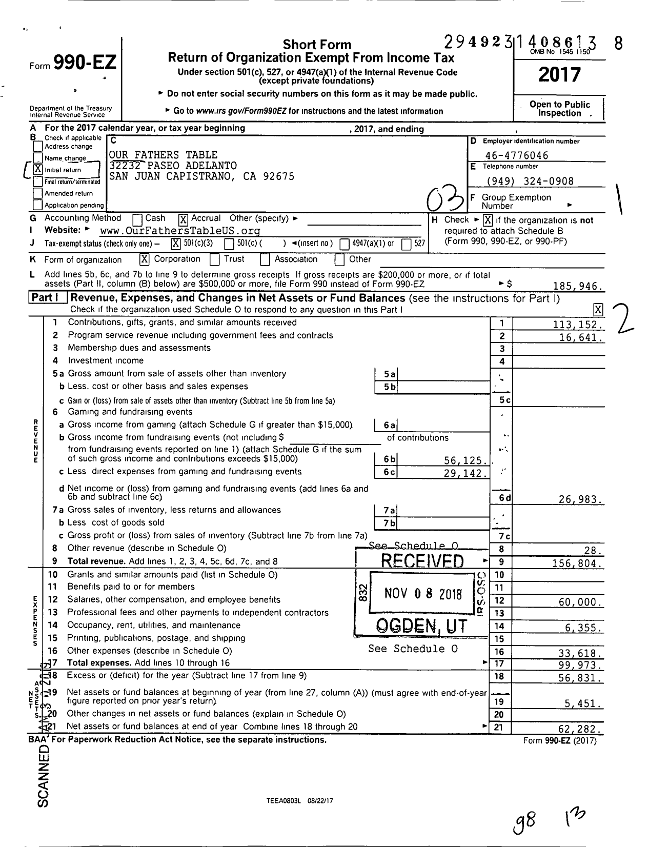 Image of first page of 2017 Form 990EZ for Our Fathers Table