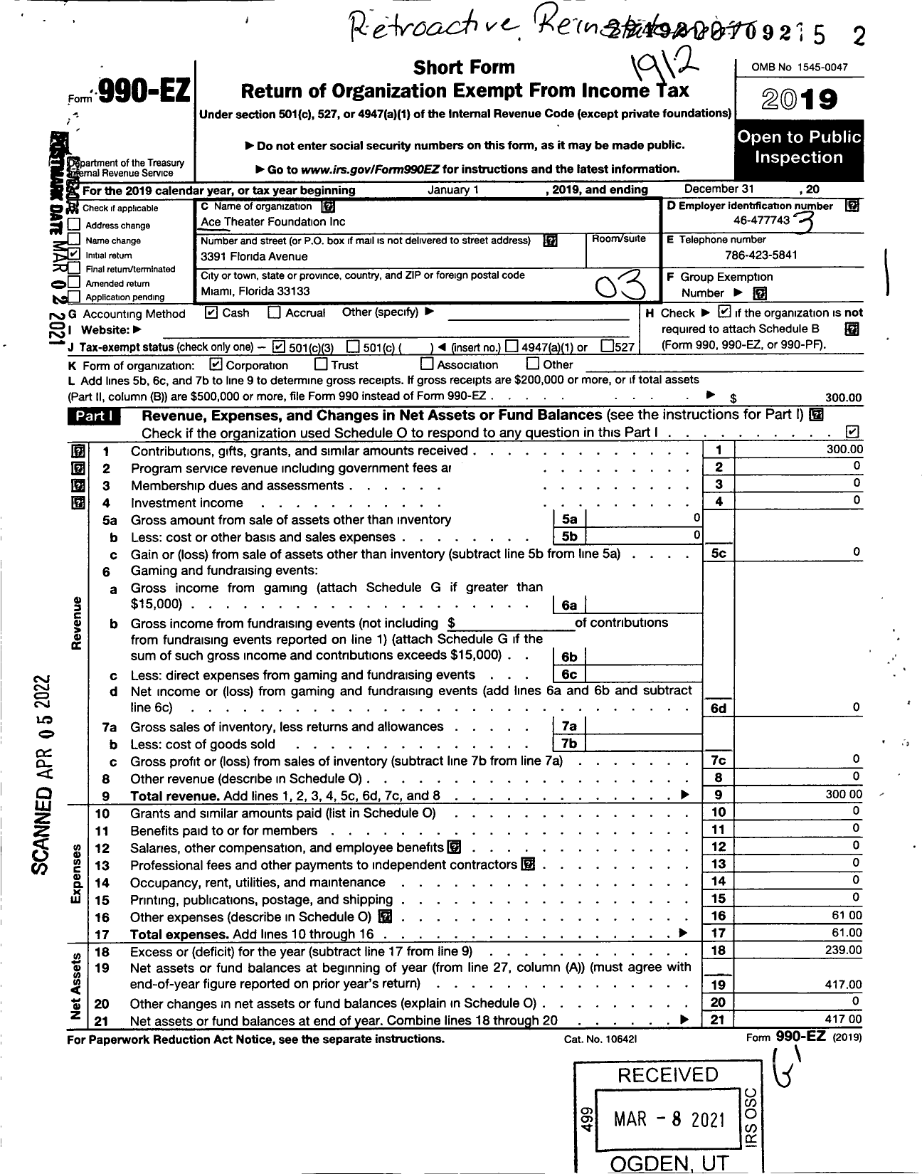 Image of first page of 2019 Form 990EZ for Ace Theater Foundation