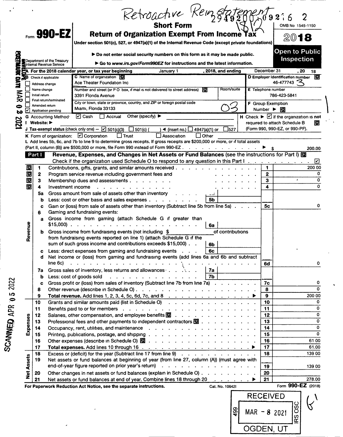 Image of first page of 2018 Form 990EZ for Ace Theater Foundation