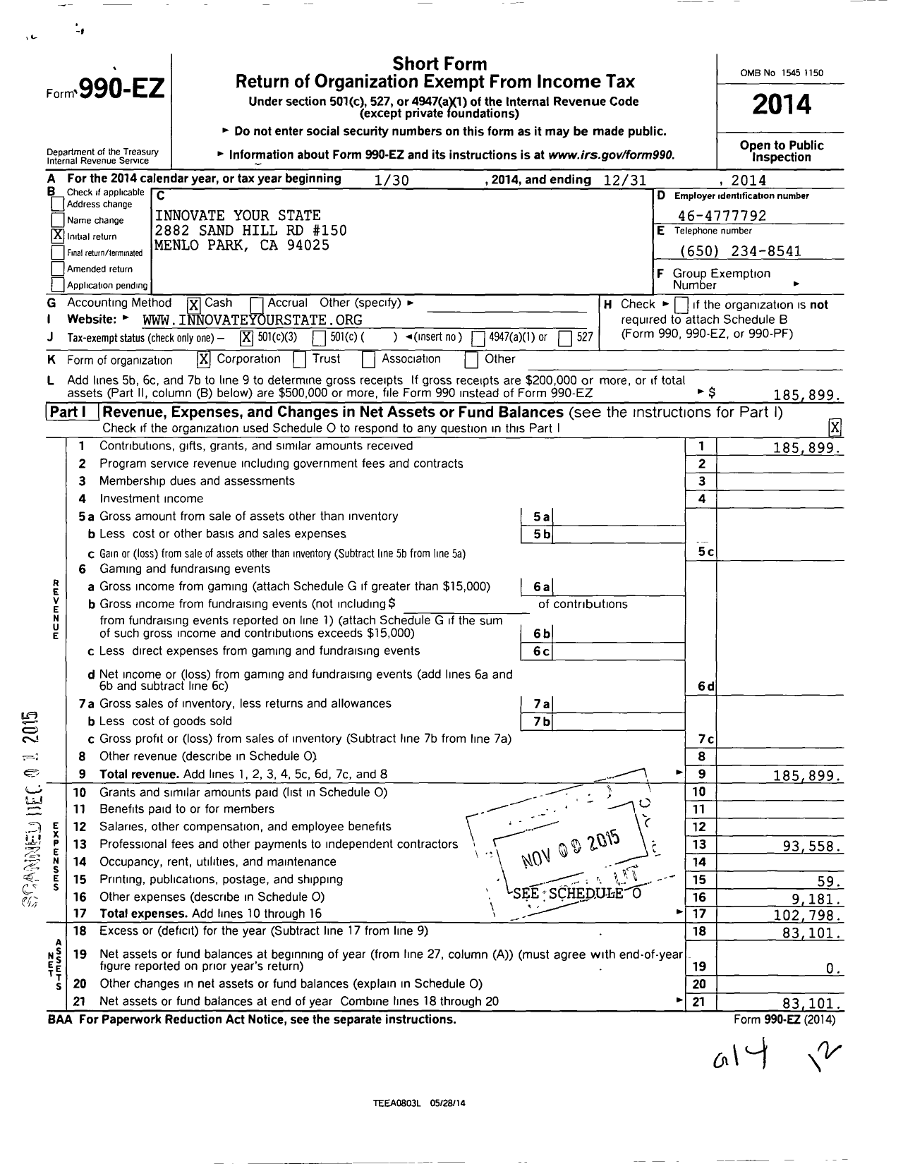 Image of first page of 2014 Form 990EZ for Innovate Your State