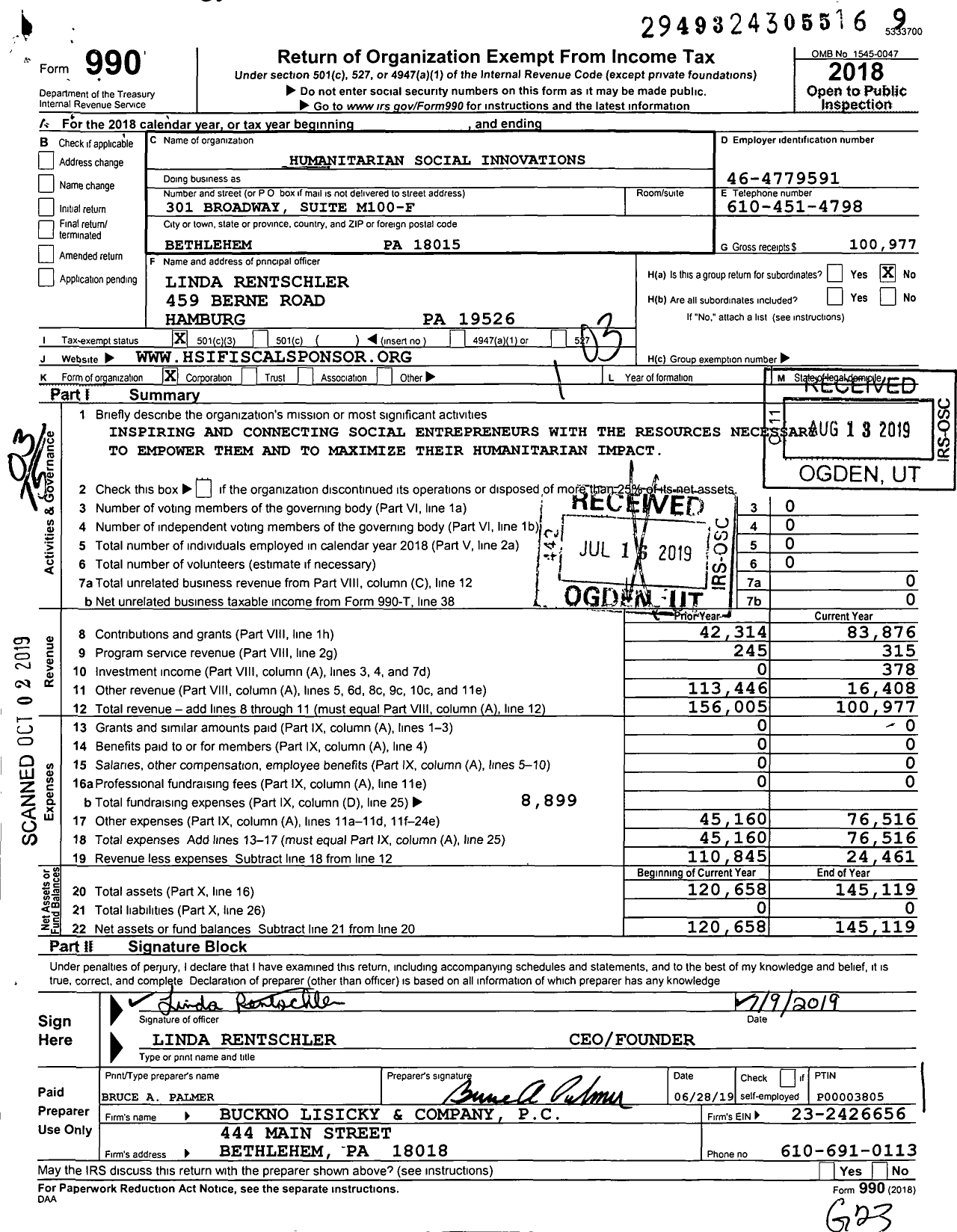 Image of first page of 2018 Form 990 for Humanitarian Social Innovations
