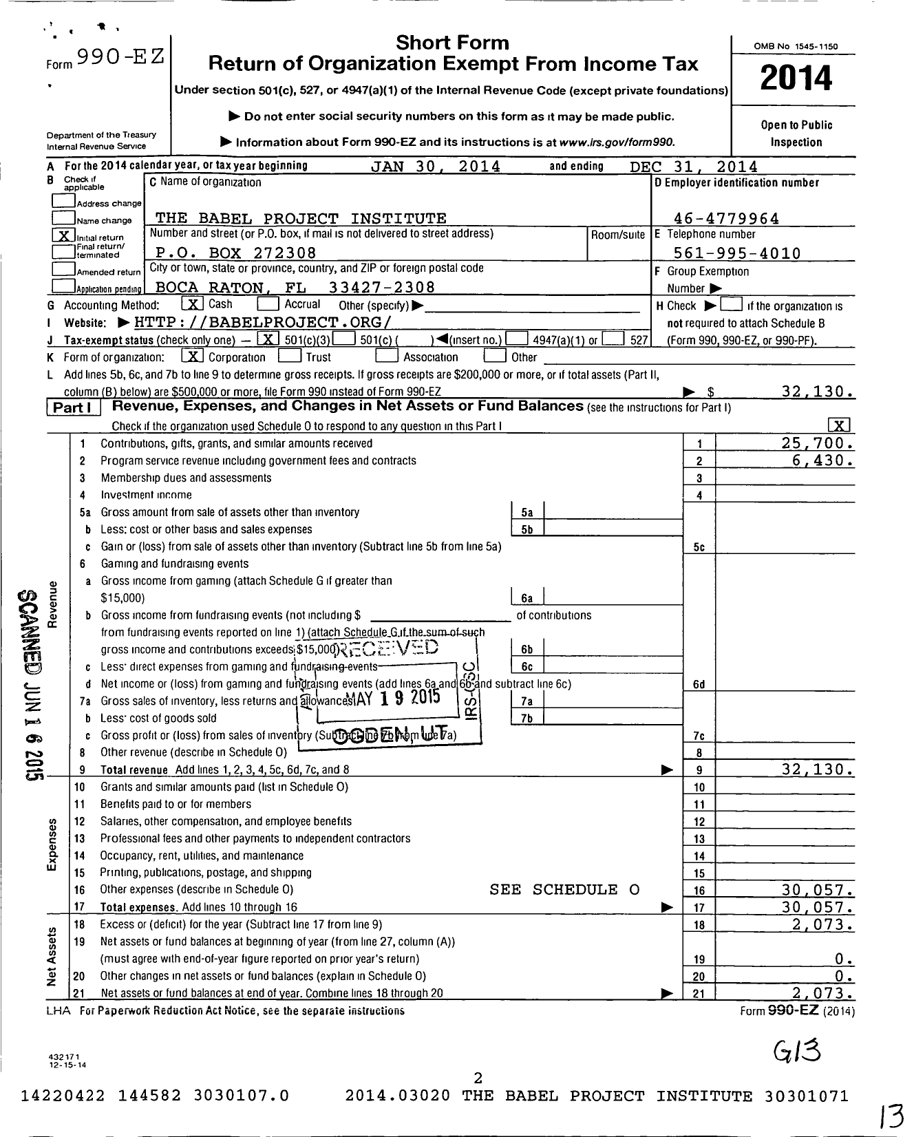 Image of first page of 2014 Form 990EZ for Babel Project Institute