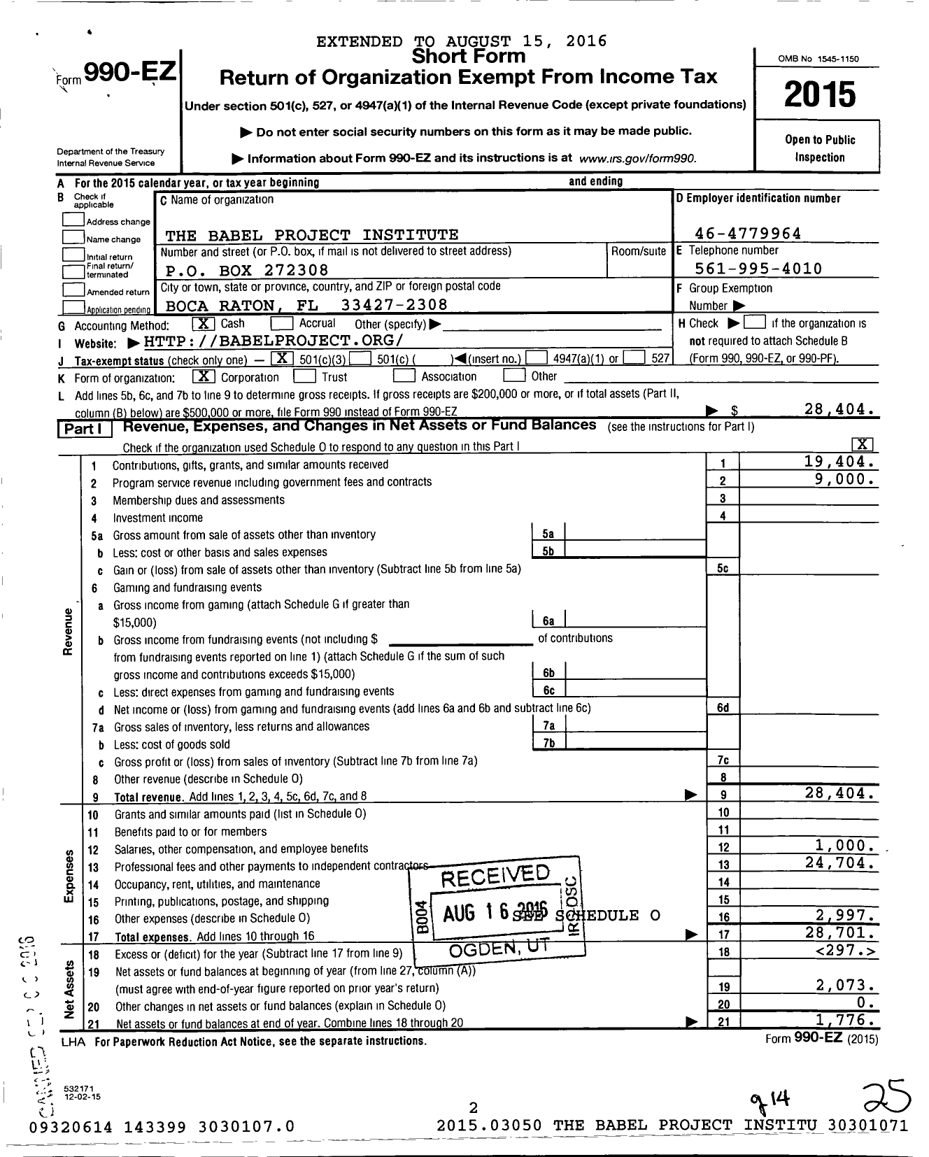 Image of first page of 2015 Form 990EZ for Babel Project Institute