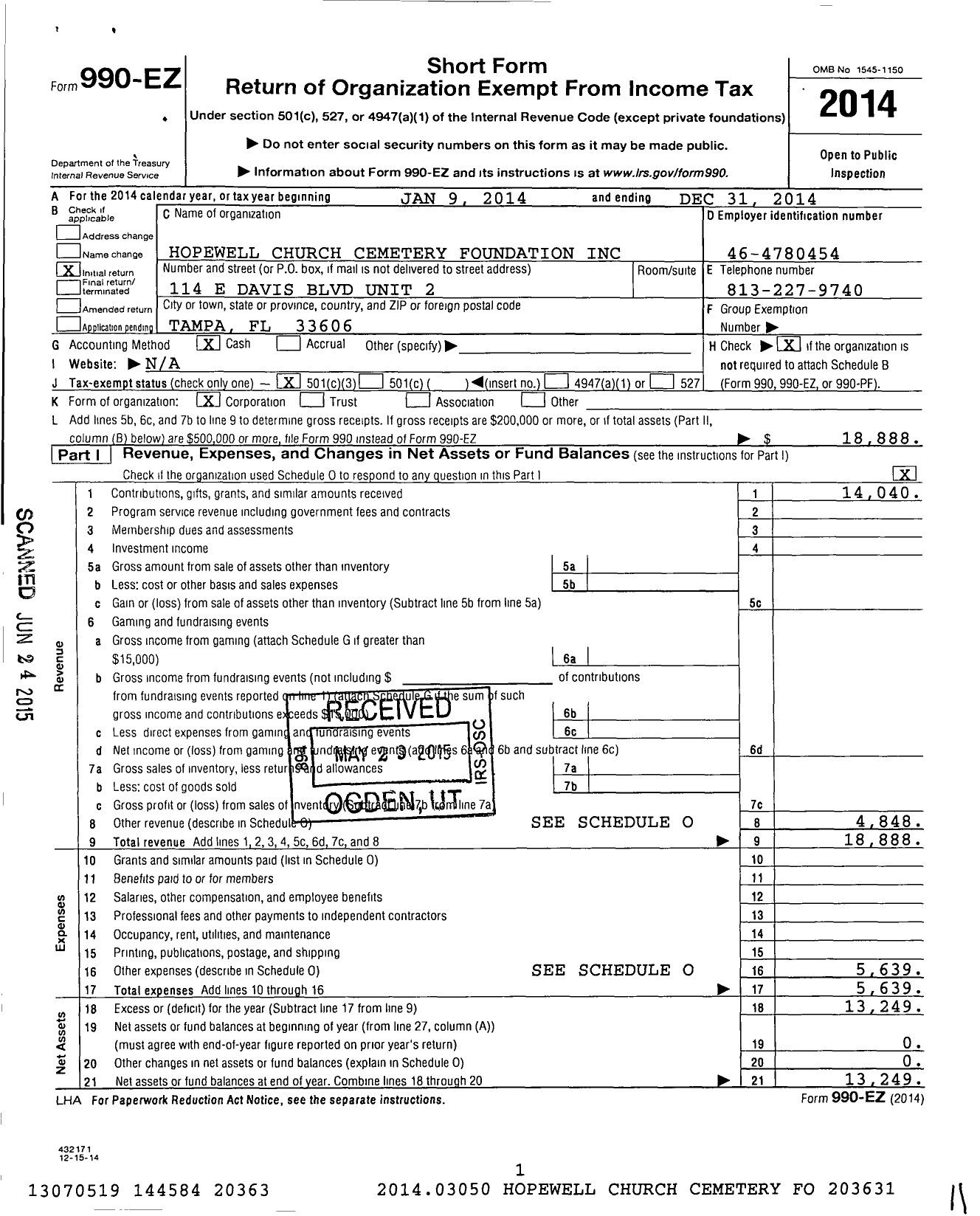 Image of first page of 2014 Form 990EZ for Hopewell Church Cemetery Foundation