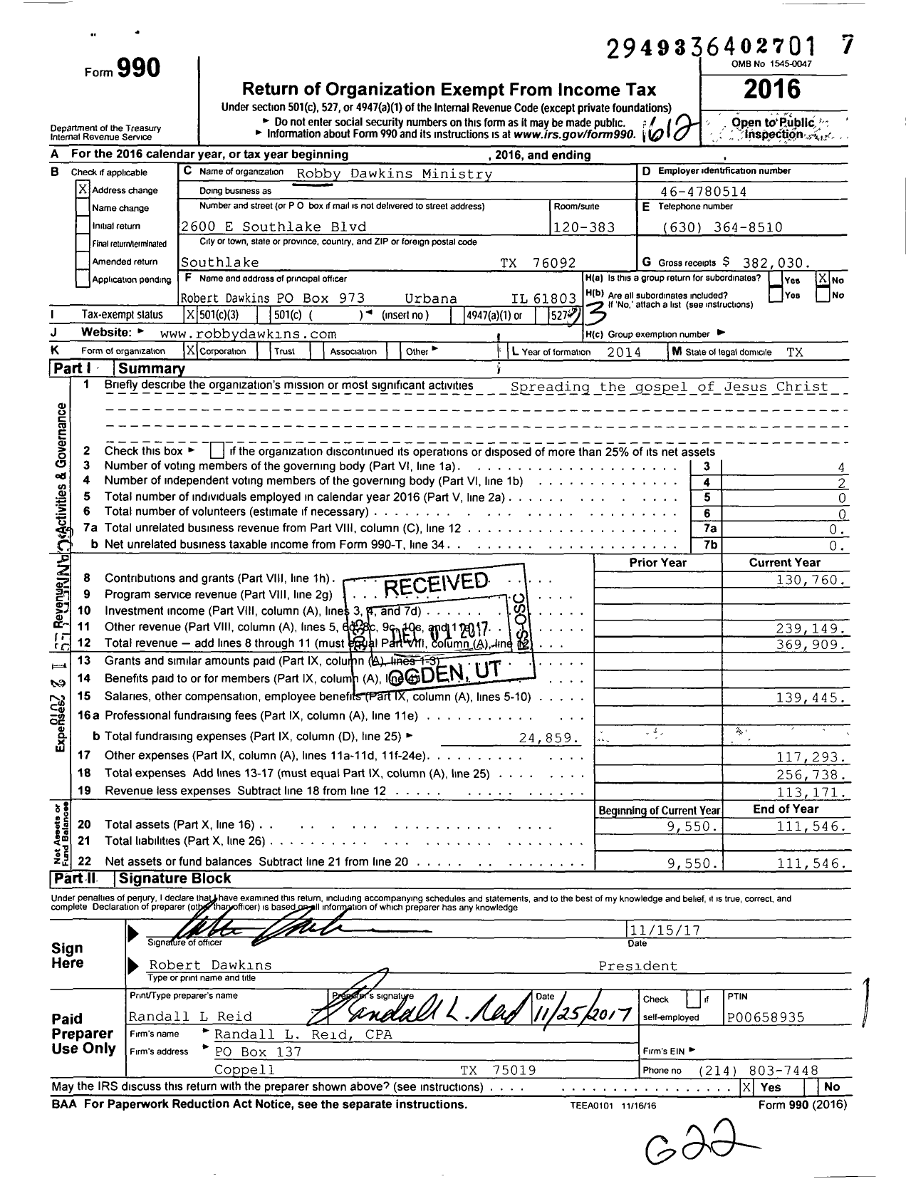 Image of first page of 2016 Form 990 for Robby Dawkins Ministry