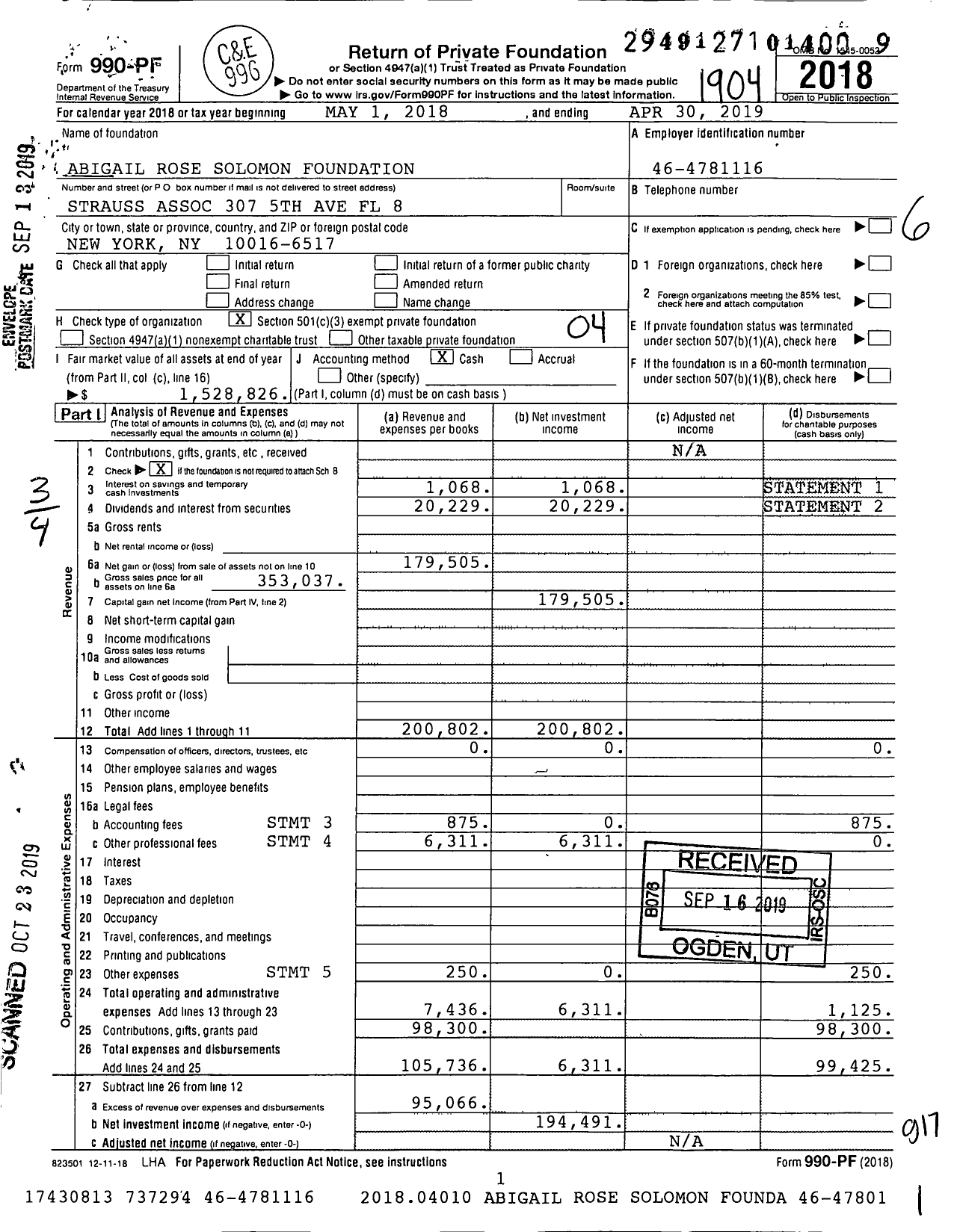 Image of first page of 2018 Form 990PF for Abigail Rose Solomon Foundation