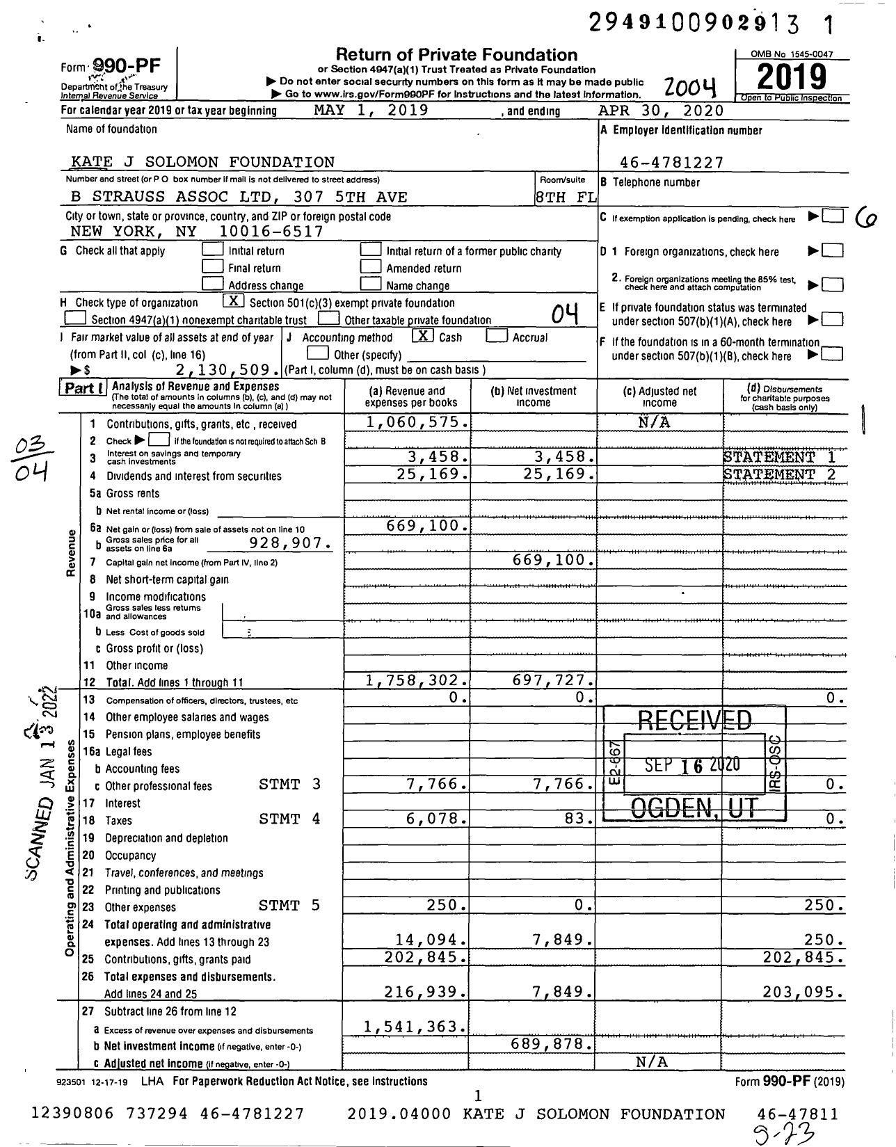 Image of first page of 2019 Form 990PF for Kate J Solomon Foundation